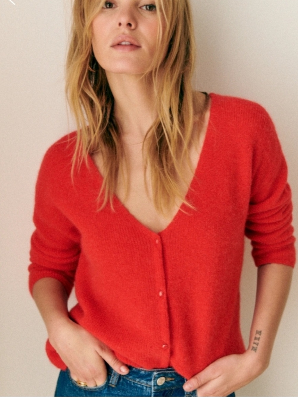 Sezane Barry V Neck Super Kid Mohair Cardigan Red size XXS $120